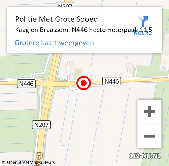 Locatie op kaart van de 112 melding: Politie Met Grote Spoed Naar Kaag en Braassem, N446 hectometerpaal: 11,5 op 27 augustus 2023 19:12