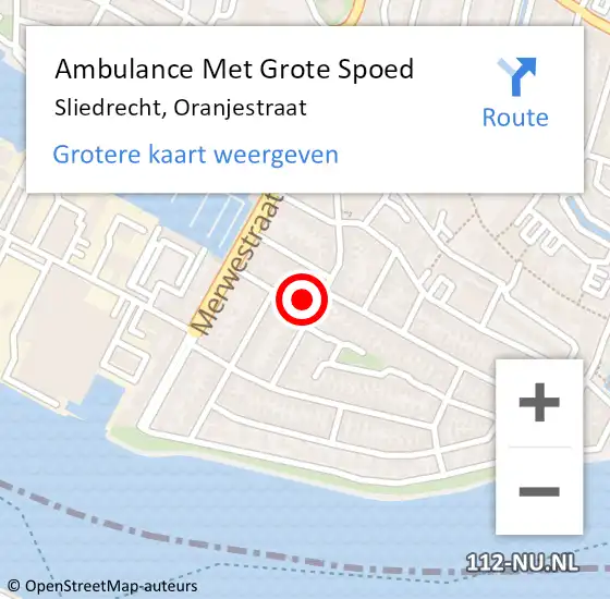 Locatie op kaart van de 112 melding: Ambulance Met Grote Spoed Naar Sliedrecht, Oranjestraat op 27 augustus 2023 21:55
