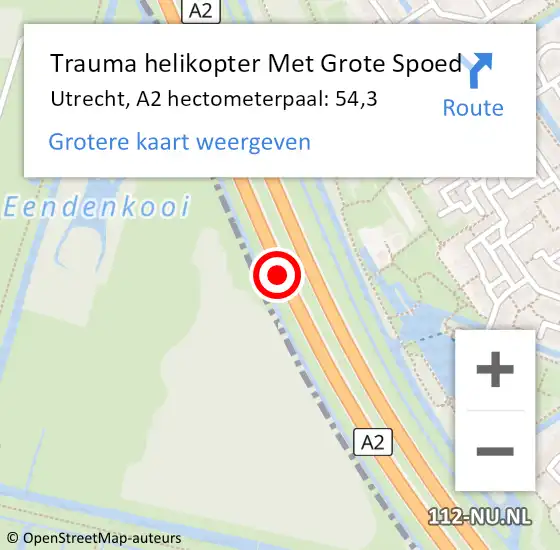 Locatie op kaart van de 112 melding: Trauma helikopter Met Grote Spoed Naar Utrecht, A2 hectometerpaal: 54,3 op 28 augustus 2023 07:52