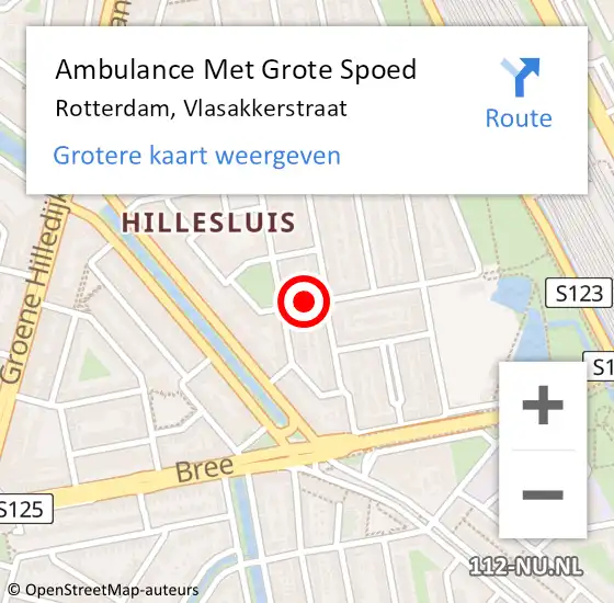 Locatie op kaart van de 112 melding: Ambulance Met Grote Spoed Naar Rotterdam, Vlasakkerstraat op 28 augustus 2023 20:40