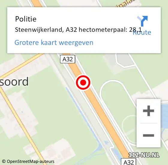 Locatie op kaart van de 112 melding: Politie Steenwijkerland, A32 hectometerpaal: 28,1 op 29 augustus 2023 05:39