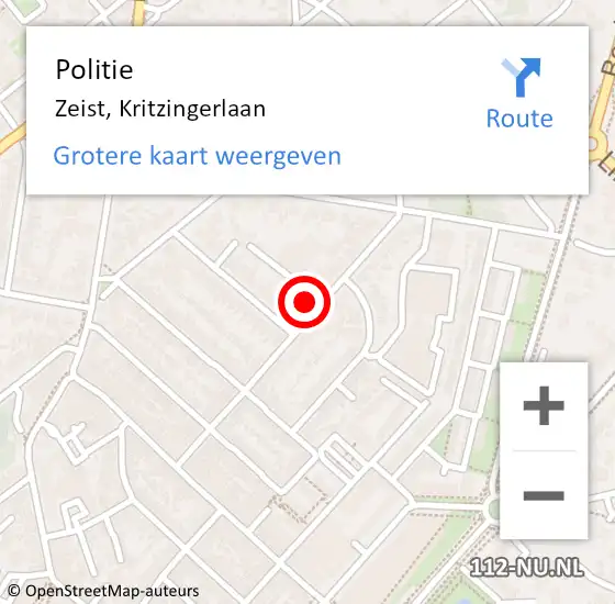 Locatie op kaart van de 112 melding: Politie Zeist, Kritzingerlaan op 29 augustus 2023 10:54