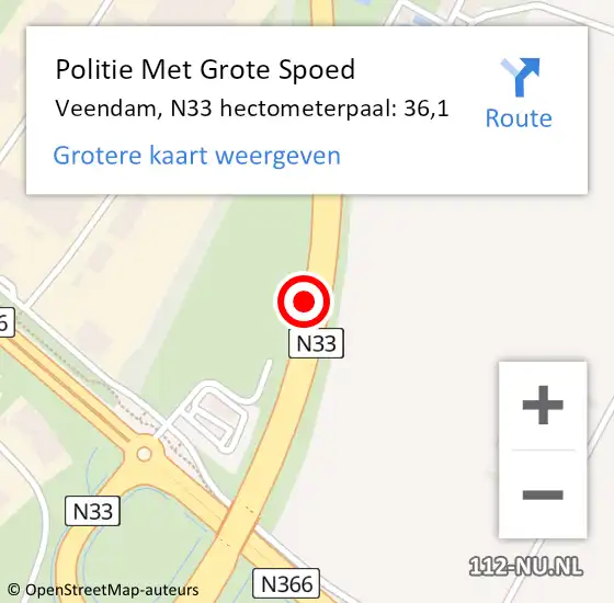 Locatie op kaart van de 112 melding: Politie Met Grote Spoed Naar Veendam, N33 hectometerpaal: 36,1 op 29 augustus 2023 17:11