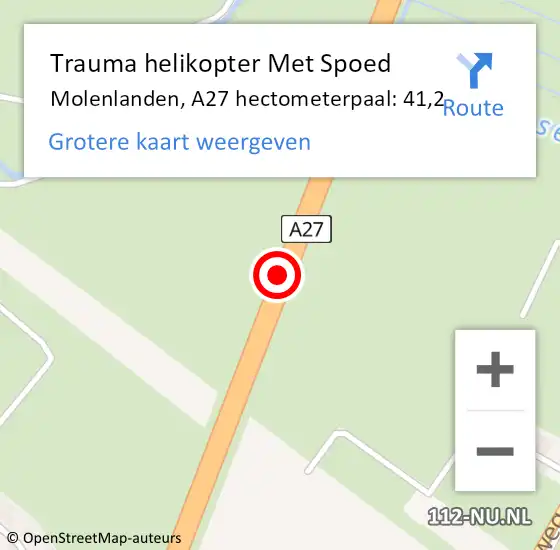 Locatie op kaart van de 112 melding: Trauma helikopter Met Spoed Naar Molenlanden, A27 hectometerpaal: 41,2 op 30 augustus 2023 09:44
