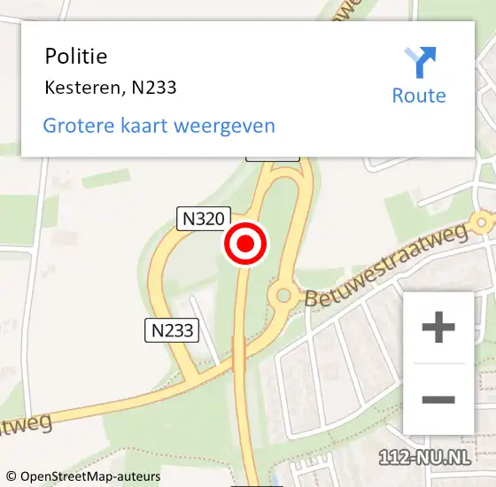Locatie op kaart van de 112 melding: Politie Kesteren, N233 op 6 september 2014 12:16