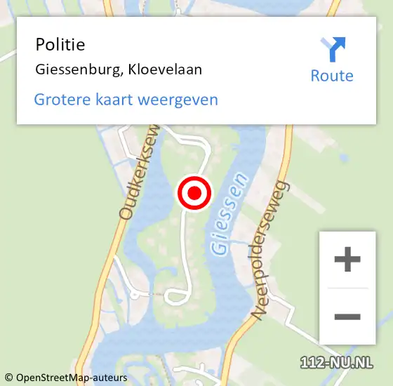 Locatie op kaart van de 112 melding: Politie Giessenburg, Kloevelaan op 30 augustus 2023 14:01