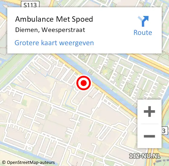 Locatie op kaart van de 112 melding: Ambulance Met Spoed Naar Diemen, Weesperstraat op 30 augustus 2023 15:44