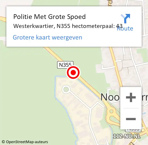 Locatie op kaart van de 112 melding: Politie Met Grote Spoed Naar Westerkwartier, N355 hectometerpaal: 43 op 30 augustus 2023 17:09