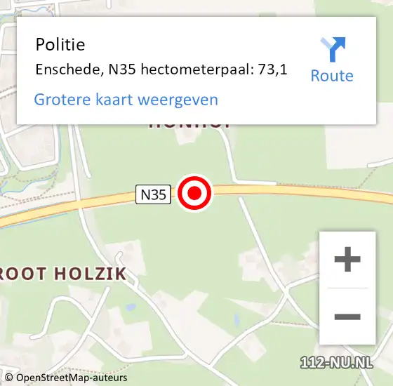 Locatie op kaart van de 112 melding: Politie Enschede, N35 hectometerpaal: 73,1 op 31 augustus 2023 07:42