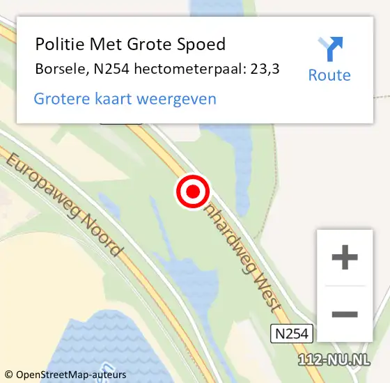 Locatie op kaart van de 112 melding: Politie Met Grote Spoed Naar Borsele, N254 hectometerpaal: 23,3 op 1 september 2023 08:03