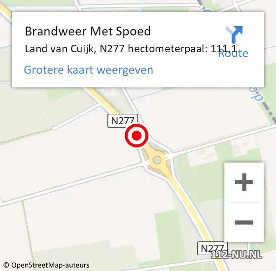 Locatie op kaart van de 112 melding: Brandweer Met Spoed Naar Land van Cuijk, N277 hectometerpaal: 111,1 op 1 september 2023 18:12
