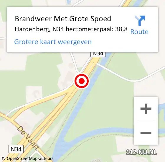 Locatie op kaart van de 112 melding: Brandweer Met Grote Spoed Naar Hardenberg, N34 hectometerpaal: 38,8 op 2 september 2023 00:35