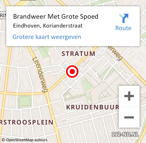 Locatie op kaart van de 112 melding: Brandweer Met Grote Spoed Naar Eindhoven, Korianderstraat op 2 september 2023 13:03