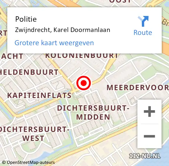 Locatie op kaart van de 112 melding: Politie Zwijndrecht, Karel Doormanlaan op 2 september 2023 14:18