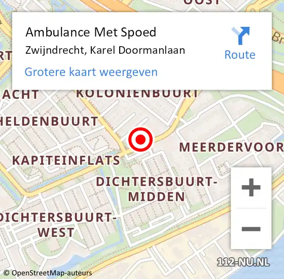 Locatie op kaart van de 112 melding: Ambulance Met Spoed Naar Zwijndrecht, Karel Doormanlaan op 2 september 2023 14:31