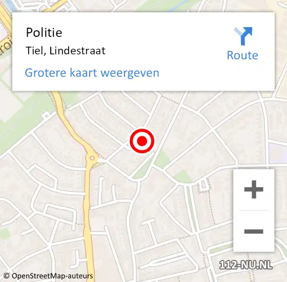Locatie op kaart van de 112 melding: Politie Tiel, Lindestraat op 2 september 2023 16:07