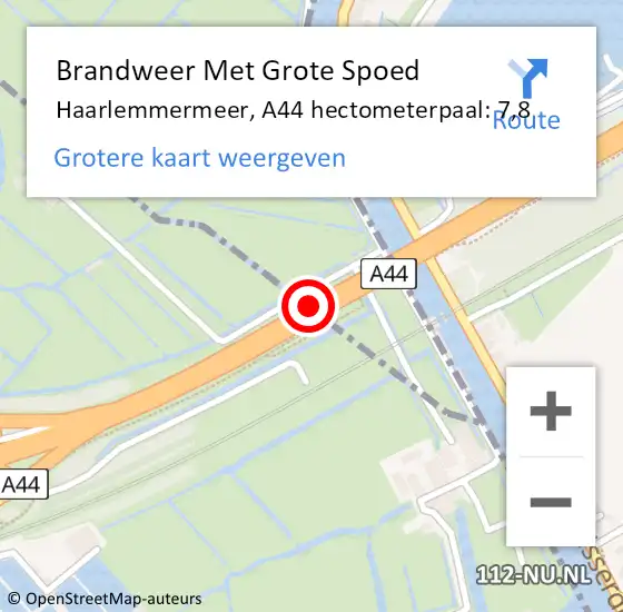 Locatie op kaart van de 112 melding: Brandweer Met Grote Spoed Naar Haarlemmermeer, A44 hectometerpaal: 7,8 op 2 september 2023 17:26