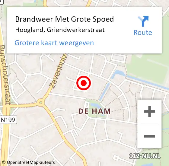 Locatie op kaart van de 112 melding: Brandweer Met Grote Spoed Naar Hoogland, Griendwerkerstraat op 3 september 2023 04:19