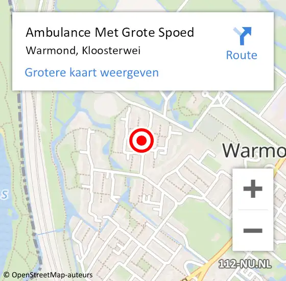 Locatie op kaart van de 112 melding: Ambulance Met Grote Spoed Naar Warmond, Kloosterwei op 3 september 2023 14:10