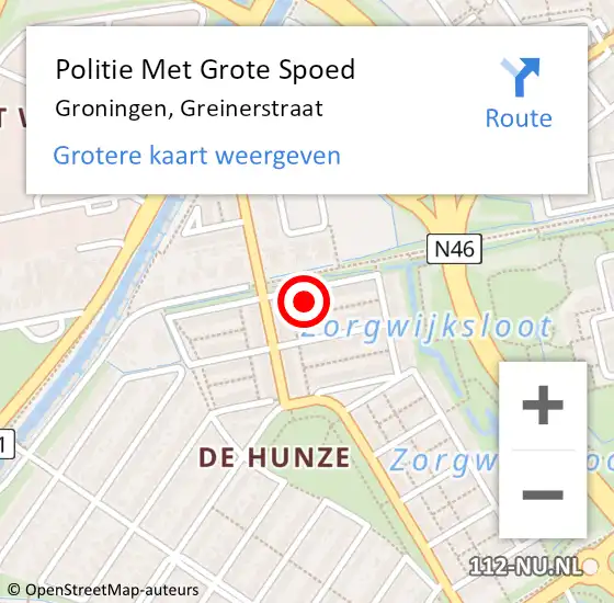 Locatie op kaart van de 112 melding: Politie Met Grote Spoed Naar Groningen, Greinerstraat op 4 september 2023 09:24