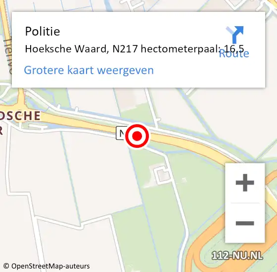 Locatie op kaart van de 112 melding: Politie Hoeksche Waard, N217 hectometerpaal: 16,5 op 4 september 2023 09:24