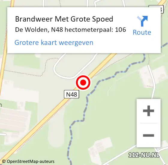 Locatie op kaart van de 112 melding: Brandweer Met Grote Spoed Naar De Wolden, N48 hectometerpaal: 106 op 4 september 2023 12:22