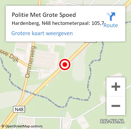 Locatie op kaart van de 112 melding: Politie Met Grote Spoed Naar Hardenberg, N48 hectometerpaal: 105,7 op 4 september 2023 12:24