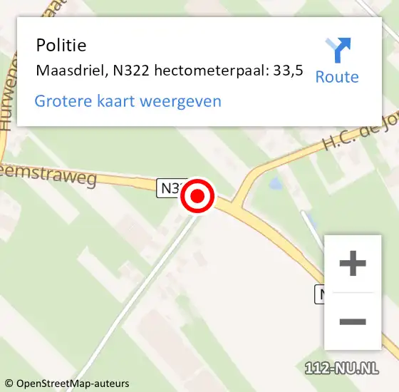 Locatie op kaart van de 112 melding: Politie Maasdriel, N322 hectometerpaal: 33,5 op 4 september 2023 15:52