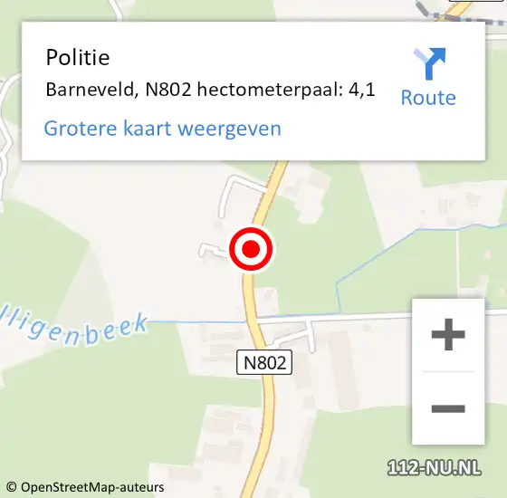 Locatie op kaart van de 112 melding: Politie Barneveld, N802 hectometerpaal: 4,1 op 4 september 2023 21:43
