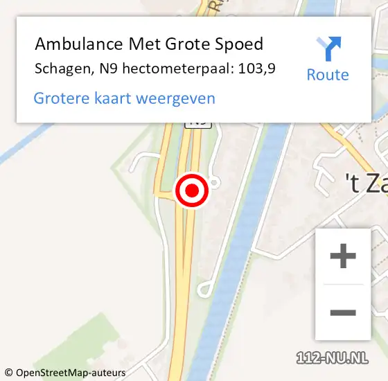 Locatie op kaart van de 112 melding: Ambulance Met Grote Spoed Naar Schagen, N9 hectometerpaal: 103,9 op 5 september 2023 10:22