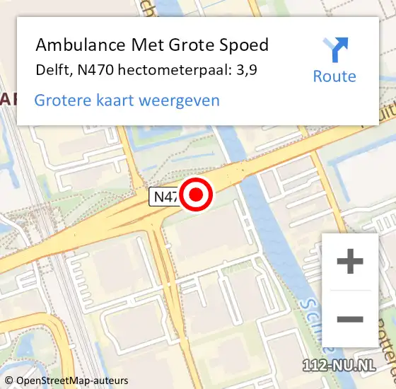 Locatie op kaart van de 112 melding: Ambulance Met Grote Spoed Naar Delft, N470 hectometerpaal: 3,9 op 5 september 2023 12:25