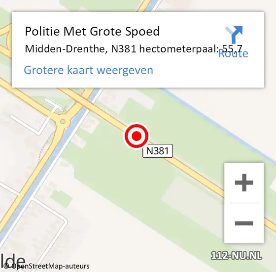 Locatie op kaart van de 112 melding: Politie Met Grote Spoed Naar Midden-Drenthe, N381 hectometerpaal: 55,7 op 5 september 2023 14:18