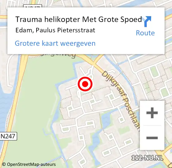 Locatie op kaart van de 112 melding: Trauma helikopter Met Grote Spoed Naar Edam, Paulus Pietersstraat op 5 september 2023 17:17