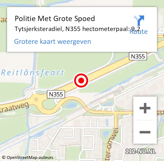 Locatie op kaart van de 112 melding: Politie Met Grote Spoed Naar Tytsjerksteradiel, N355 hectometerpaal: 9,2 op 6 september 2023 01:12