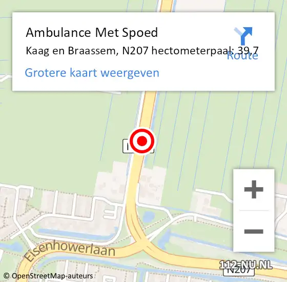 Locatie op kaart van de 112 melding: Ambulance Met Spoed Naar Kaag en Braassem, N207 hectometerpaal: 39,7 op 6 september 2023 10:14