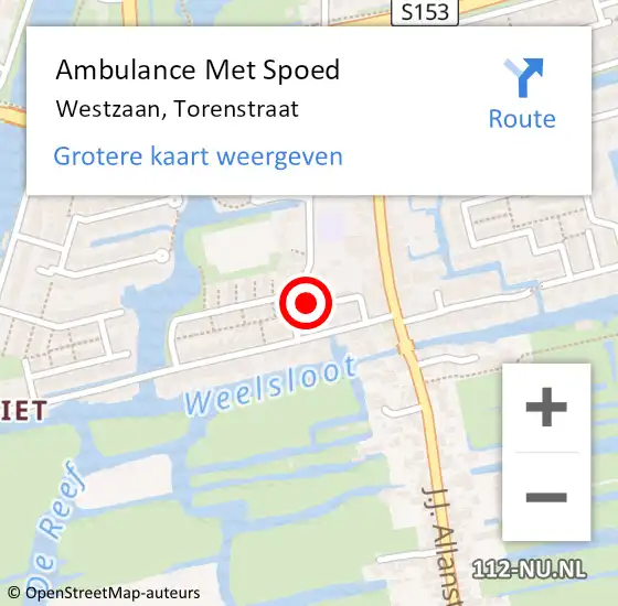 Locatie op kaart van de 112 melding: Ambulance Met Spoed Naar Westzaan, Torenstraat op 6 september 2023 10:27