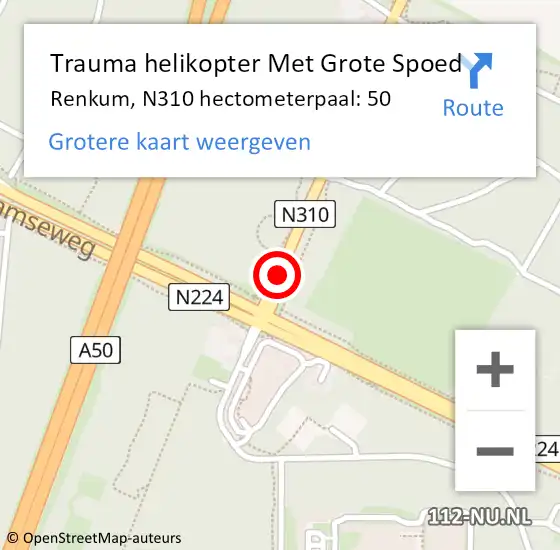 Locatie op kaart van de 112 melding: Trauma helikopter Met Grote Spoed Naar Renkum, N310 hectometerpaal: 50 op 6 september 2023 10:34