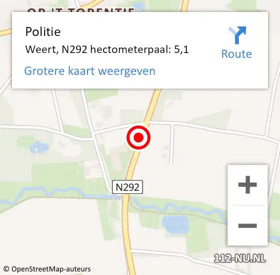 Locatie op kaart van de 112 melding: Politie Weert, N292 hectometerpaal: 5,1 op 6 september 2023 15:10