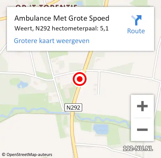 Locatie op kaart van de 112 melding: Ambulance Met Grote Spoed Naar Weert, N292 hectometerpaal: 5,1 op 6 september 2023 15:35