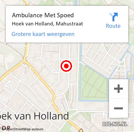 Locatie op kaart van de 112 melding: Ambulance Met Spoed Naar Hoek van Holland, Mahustraat op 6 september 2023 17:05