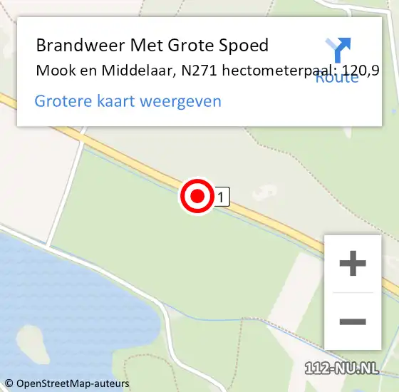 Locatie op kaart van de 112 melding: Brandweer Met Grote Spoed Naar Mook en Middelaar, N271 hectometerpaal: 120,9 op 6 september 2023 19:33