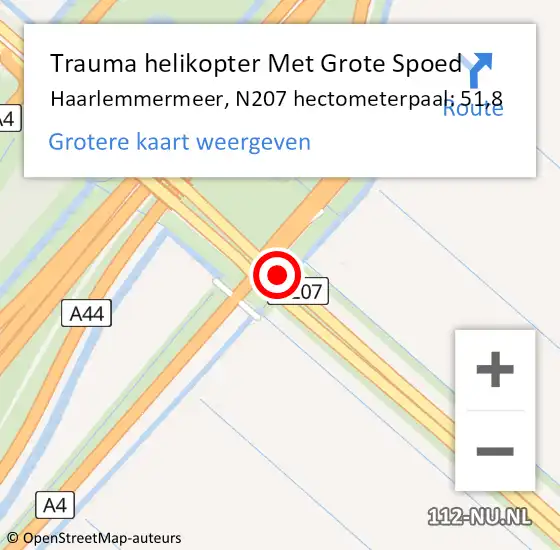 Locatie op kaart van de 112 melding: Trauma helikopter Met Grote Spoed Naar Haarlemmermeer, N207 hectometerpaal: 51,8 op 7 september 2023 08:25