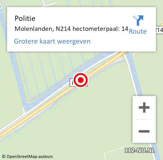 Locatie op kaart van de 112 melding: Politie Molenlanden, N214 hectometerpaal: 14 op 7 september 2023 15:40