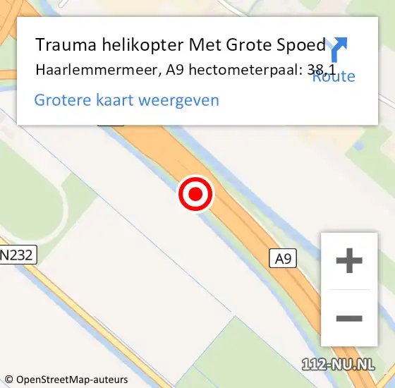 Locatie op kaart van de 112 melding: Trauma helikopter Met Grote Spoed Naar Haarlemmermeer, A9 hectometerpaal: 38,1 op 7 september 2023 16:45