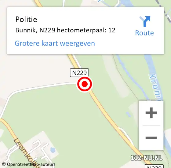 Locatie op kaart van de 112 melding: Politie Bunnik, N229 hectometerpaal: 12 op 8 september 2023 10:48