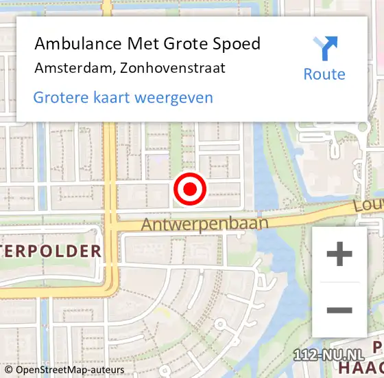 Locatie op kaart van de 112 melding: Ambulance Met Grote Spoed Naar Amsterdam, Zonhovenstraat op 8 september 2023 12:41