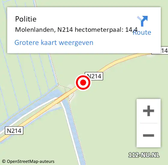 Locatie op kaart van de 112 melding: Politie Molenlanden, N214 hectometerpaal: 14,4 op 8 september 2023 13:06