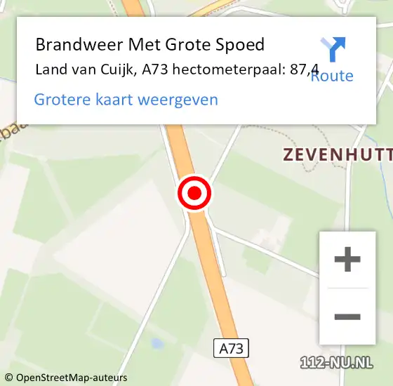 Locatie op kaart van de 112 melding: Brandweer Met Grote Spoed Naar Land van Cuijk, A73 hectometerpaal: 87,4 op 8 september 2023 20:43