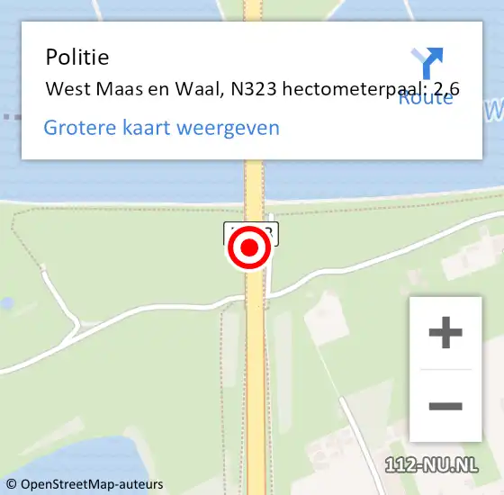 Locatie op kaart van de 112 melding: Politie West Maas en Waal, N323 hectometerpaal: 2,6 op 8 september 2023 21:28