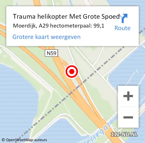 Locatie op kaart van de 112 melding: Trauma helikopter Met Grote Spoed Naar Moerdijk, A29 hectometerpaal: 99,1 op 9 september 2023 07:00